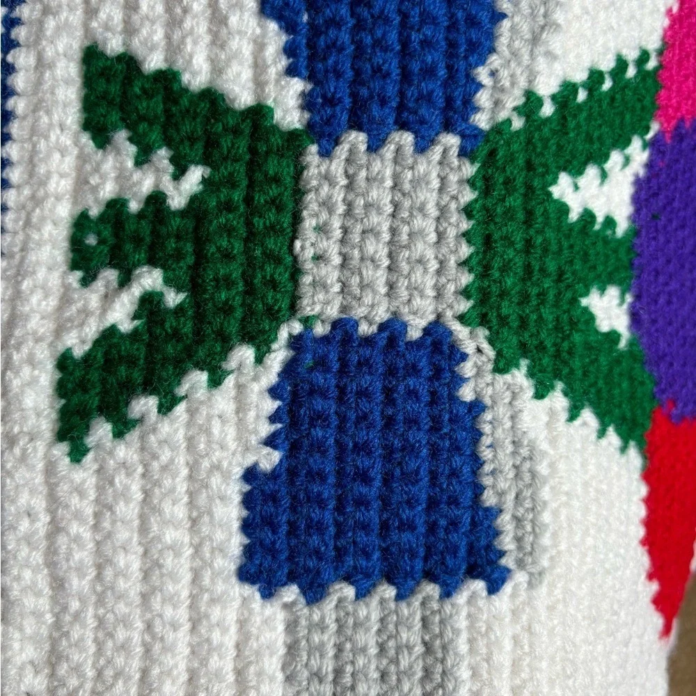 Hand~Knit Lap Afghan Throw White Bright Colors 71X51 New Tulips Floral Farmhouse